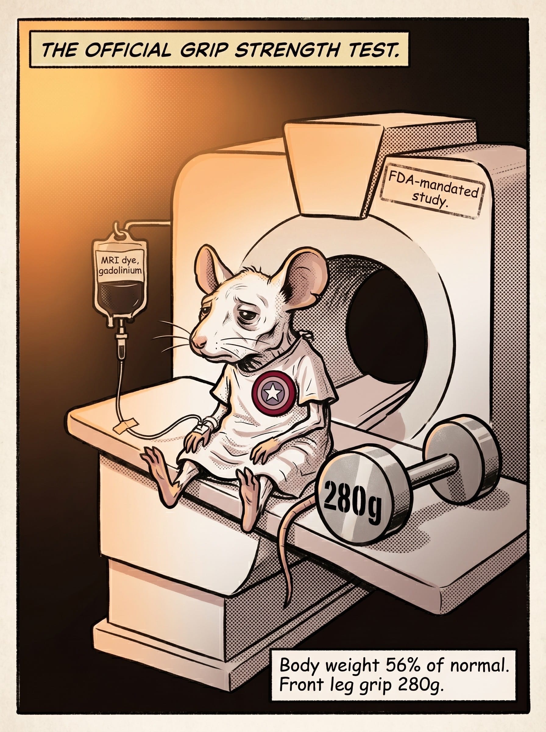 An illustrated superhero-style mouse in a comic-book MRI scanner, representing the exaggerated grip-strength results in gadolinium safety studies.